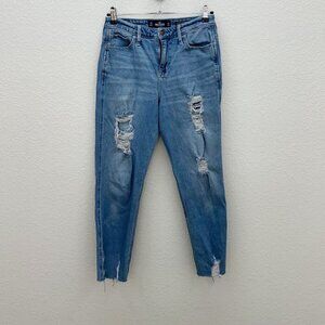Hollister Ultra Hi Rise Mom Distressed Denim Blue Jeans Womens Juniors size 11R